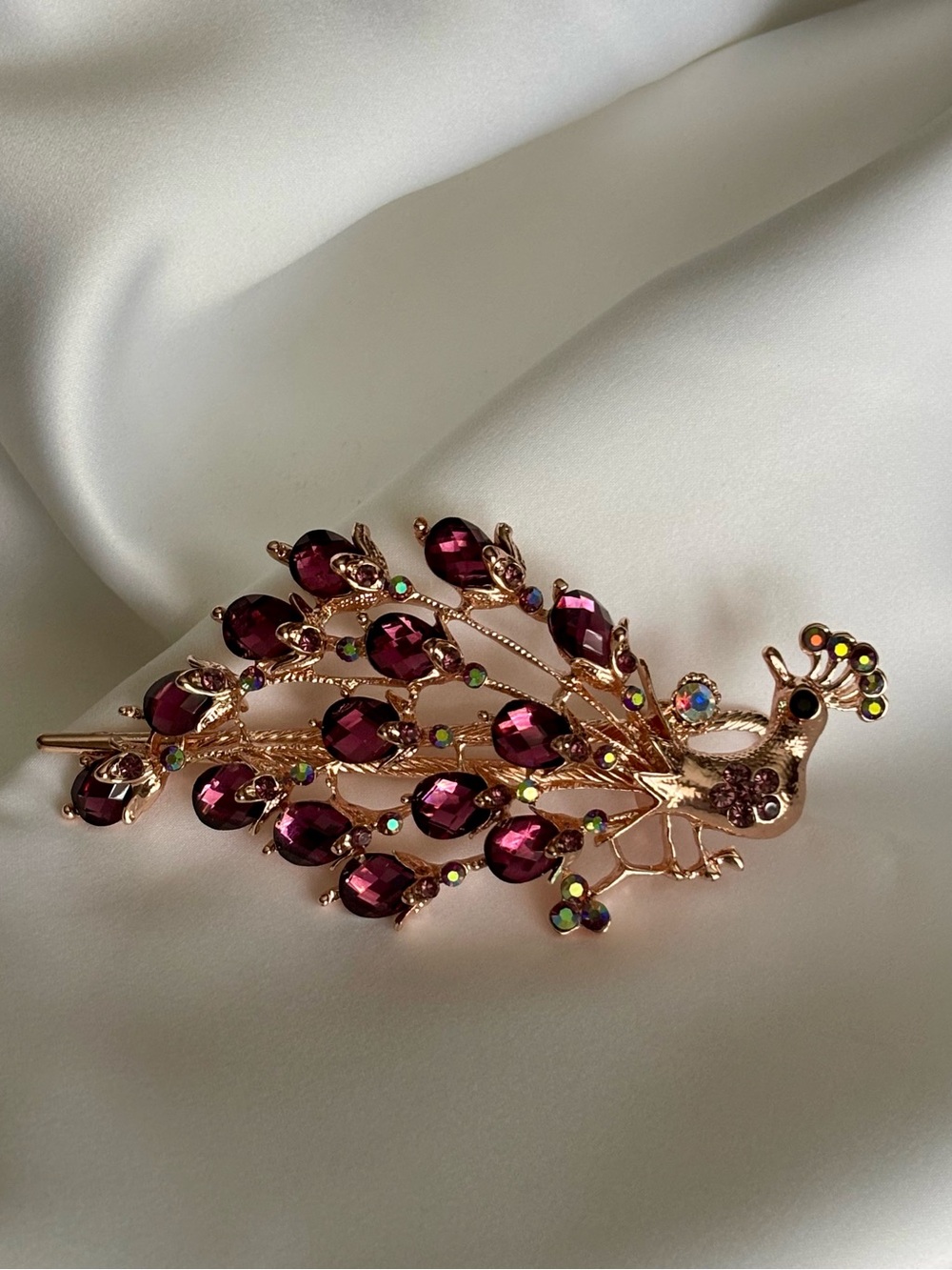 Peacock Rhinestone Hair Barrette Purple Crystal Gold Tone Clip